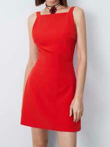Maija 1pc Women's Solid Color Minimalist Elegant Spaghetti Strap Mini Dress,Festival - Red - View 3