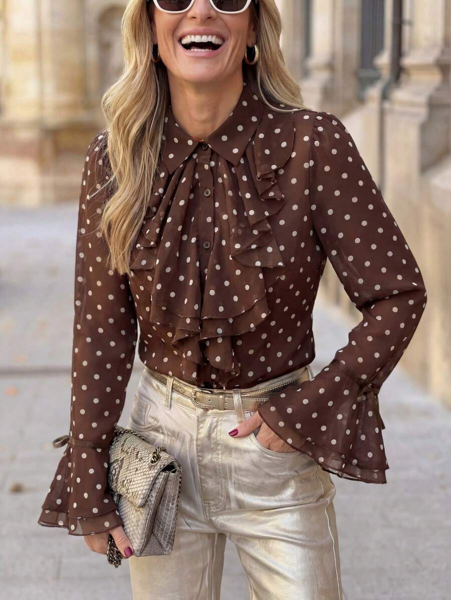 Solivie Damen Polka Punkt Muster Patchwork Volant Glockenärmel Braun Elegante Bluse, Elegante Bluse Frühling - Verschiedenfarbig - Übersicht 1