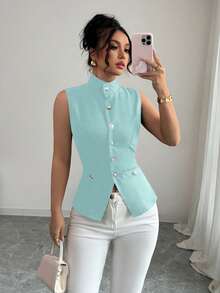 Selianne 复古风格前中心装饰纽扣女式衬衫 - 淺藍色 - 查看 3