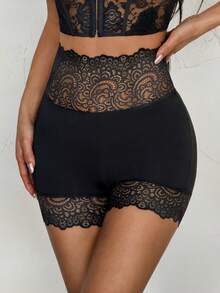 SHEIN PETITE Quần short biker cạp cao phối ren tương phản màu đen. - màu đen - Xem 3