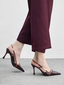 CUCCOO BIZCHIC 女士时尚露跟高跟鞋，T字带设计，纹理尖头，优雅中跟鞋 - 酒紅色 - 查看 4