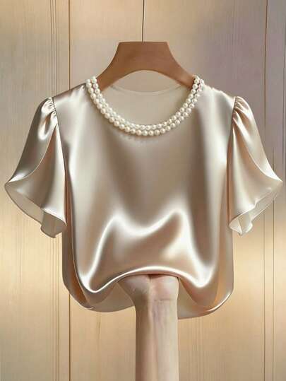 Ellegaria. Blusa de satén suelta, versátil, de manga corta, con cuello de perlas y estampado floral, elegante para primavera/verano, color albaricoque