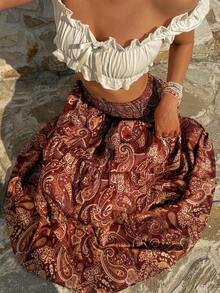 SHEIN Unity Women's Bohemian Print Skirt, Casual Holiday Daily Wear, Spring/Summer - Redwood - View 6