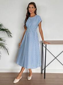 EMERY ROSE Women's Summer Striped Round Neck Batwing Short Sleeve Casual Long Dress - Blue and White - View 7