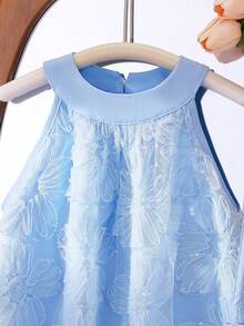 SHEIN Toddler Girls' Embroidered Mesh Flower Girl Wedding Party Princess Dress, Sleeveless Ruffle Halter Neck Dress With Crossbody Bag, Summer - Blue - View 6