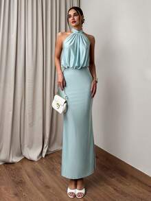 Firerie 女士优雅端庄弹力婚礼宾客礼服，修身露背褶皱长裙，闪亮面料 - 藍色 - 查看 7