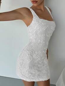 Aloruh Váy ren mini bó sát lãng mạn 3D họa tiết hoa màu trắng cho nữ, dự tiệc cưới, mùa xuân/hè - trắng - Xem 4