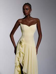 Elitara Vestido ajustado con hombros descubiertos, estilo vintage romántico de Atenas, con cuello de gato, abertura y volantes en el bajo, adecuado para el té de la tarde, eventos de negocios y varias ocasiones como bailes formales, vestido formal de sensación de red, vestido formal - Amarillo - Ver 4