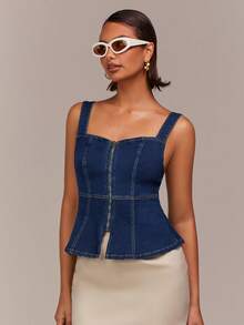 COSMINA Women's Elegant Sleeveless Zip-Up Waist Fitted Denim Blouse, Versatile For Date, Commute And Casual Wear, Early Spring - Dark Wash - View 4