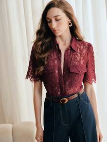 Anewsta 女士优雅蕾丝性感活力时尚镂空短袖上衣，春夏款 - 酒紅色 - 查看 7