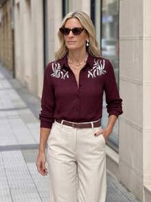 Solivie 女士休闲度假风亮片拼接长袖衬衫，春秋季 - 酒紅色 - 查看 4