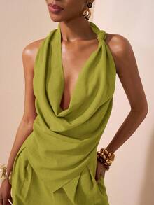 Zivah 春夏新款音乐节、复活节、圣帕特里克节、西部风、游牧风、生日派对、毕业典礼、学院风、学生装、日常休闲、百搭单品、休闲、邮轮旅行、海滩、日光浴、爆款、街头风、婚礼宾客波西米亚风、通勤、早午餐、机场穿搭 - 棕色纹理面料不对称打结尖头上衣，喇叭领上衣和阔腿裤，两件套阔腿连体裤，优雅连体裤，女士连体裤，吊带连体裤 - 橄欖綠 - 查看 5