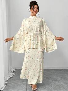 Elenzga Bộ đồ 2 mảnh cỡ lớn dành cho nữ: Áo kiểu dáng rộng rãi cổ tròn dáng chữ A tay cánh dơi họa tiết hoa nhí màu mơ và chân váy đuôi cá cạp chun co giãn kèm thắt lưng, thanh lịch và thời trang cho các bữa tiệc, tiệc trà chiều, đi làm, phù hợp với phong cách Trung Đông và Âu Mỹ. - Nhiều màu - Xem 5