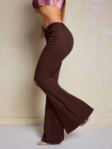 Slaydiva Plus Size Autumn Fashion Distressed Flared Jeans With Slant Pockets Brown Flare Jeans Crop Top Brown Pants 70s Clothes Ripped Jeans - Coffee Brown - View 2