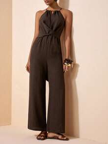 Zivah 2026 Spring/Summer New Music Festival, Easter, St. Patrick's Day, Valentine's Day, Date, Western, Nomadic, Birthday Party, Graduation, College, Student, Daily Casual, Basic Versatile, Leisure, Vacation, Cruise Travel, Beach, Sunbathing, Viral , Streetwear, Wedding Guest Boho, Commute, Brunch, Airport, Party, Holiday Outing, Office Wear, Halter Neck Ruched Criss-Cross Pocket Wide Leg Linen Brown Jumpsuit - Brown - View 5