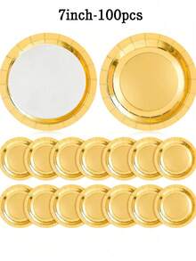 48/100pcs 7-Inch And 9-Inch Gold Foil Edge Paper Plates, Disposable White Paper Plates, Suitable For Birthday, Wedding, Christmas, New Year, Bridal Shower Party - Gold - View 11