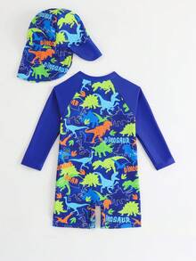 Baby BoyCartoon Dinosaur Print Front Zipper Long Sleeve Rash Guard Swimsuit With Beach Hat, Baby Boys Summer Beach Holiday Outfit Set - Blue - View 2