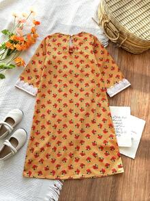 SHEIN Vintaside Kids Girls' Orange Floral Long Sleeve Dress, Fashionable Lace Design Casual Wear For Spring/Autumn - Orange - View 2