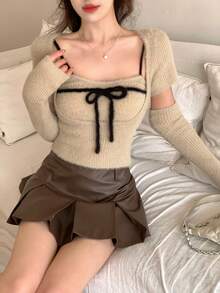 FRIFUL Women's Apricot Solid Color Inner Pocket Sleeveless Jacket, Long Sleeve Contrast Color Drawstring Bow Knit Sweater 2-Piece Set, Autumn - Beige - View 9
