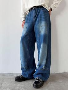 Manfinity Hypemode Premium Washed Blue Patchwork Distressed Wide Leg Jeans Men Wide Leg Jean - Blue - View 4