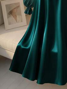 SHEIN Franclia Women's Elegant Satin Pearl Decor Long Sleeve A-Line Dress, Suitable For Commuting, Party And Gathering - Dark Green - View 3