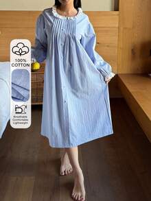 DAZY 甜美条纹图案印花撞色滚边宽松女士睡裙 - 藍色 - 查看 4