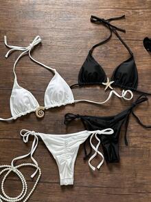 Swim Vcay 1 Set Women's Solid Color Halter Neck Triangle Bikini Swimwear, Black & White - Black and White - View 9