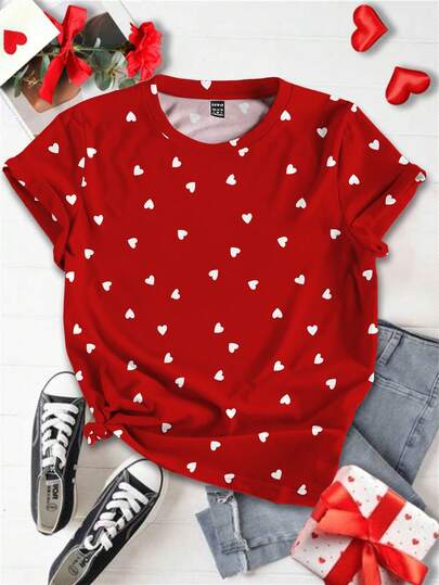 SHEIN Essnce Plus Size Summer Casual Heart Print Round Neck Short Sleeve T-Shirt Cute Red Tops Red Graphic Tees Red T Shirt Heart Shirt