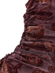 Ellevyn Elegant Sleeveless Pleated Floral Flocked Bodycon Dress - Red Violet - View 5