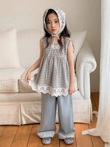 DAZY 女童（小号）圆领格子无袖上衣和牛仔裤套装，秋季穿搭 - 彩色 - 查看 6