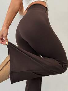 SHEIN PETITE Women's High Waist Elastic Yoga Pants, Slimming Fitness Leggings Flared Leggings Brown Pants For Women Bell Bottom Pants Pants Flare Leg Flared Brown Pants,Spring Summer Outfits Dark Brown Flared Pants Womens Flared Trousers