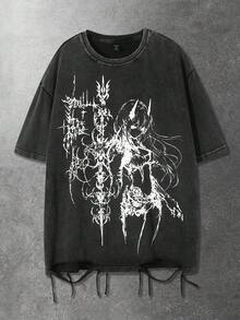 ROMWE MEN 男士动漫印花做旧破洞T恤 - 黑色 - 查看 1