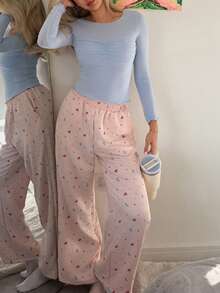 DAZY Ruched Fitted Top & Bow Print Full Pajama Pants Women Sleepwear Set - Blue - View 5