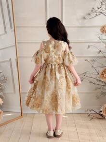 Glamorique Kids Girls Gold Party Dress,White,Summer,Elegant,Sequin,Wedding,Round Neck Flounce Sleeves Jacquard Floral Pattern Organza Midi Princess Luxury Performance - Gold - View 2