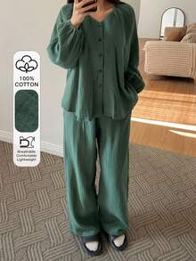 DAZY 绿色简约纹理雪纺褶皱领灯笼袖宽松女士睡衣套装 - 綠色 - 查看 1