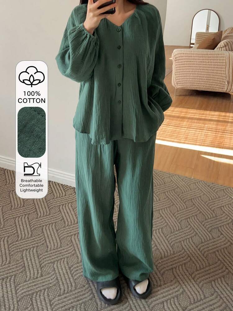 Green Minimalist Textured Chiffon Pleated Collar Lantern Sleeve Loose Women Pajama Set