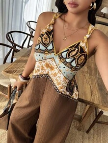 Weeklong Paisley Bohemian Print Paneled Sleeveless Jumpsuit - Retro Vacation & Daily Casual, Fashionable Plus Size, Women's Spring & Summer New Style - Multicolor - View 6