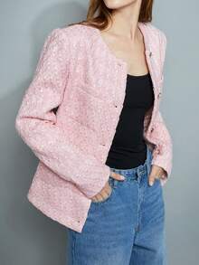 Maija 女士粉色珍珠提花蝴蝶结装饰纽扣点缀宽松翻领长袖开襟优雅休闲/商务外套，百搭舒适，适合所有季节，是情人节的理想之选。 - 粉色 - 查看 3