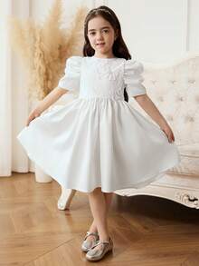 夏季新款女童连衣裙，圆领法式泡泡袖，后腰拉链，A字裙摆，缎面纯色公主裙，适合花童、表演、派对等场合。 - 白色 - 查看 8