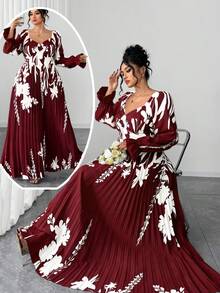 SHEIN Elenzya 大码女装时尚定位印花水钻领长袖连衣裙 - 酒紅色 - 查看 1