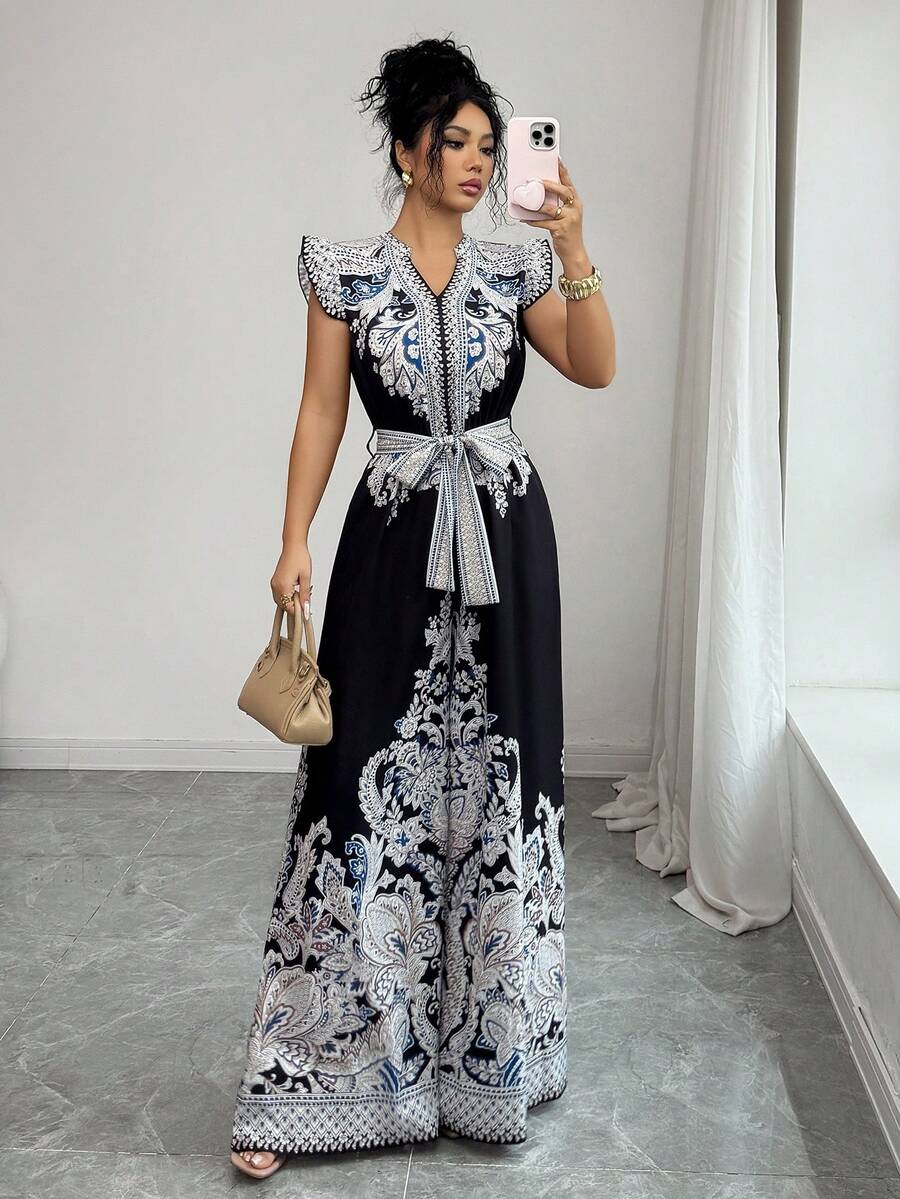 Elenzga 女士印花V领短袖阔腿优雅连体裤 - 彩色 - 查看 1