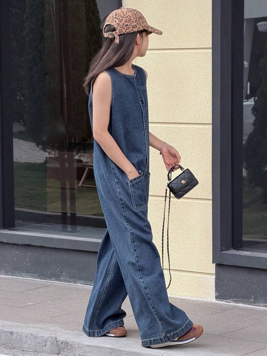 Dazy Kids Tween Girls' Round Neck Single-Breasted Multi-Pocket Casual Wide Leg Denim Jumpsuit - Dark Wash - View 1