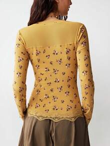 Bohemela Maglietta casual da donna a maniche lunghe, girocollo, con stampa floreale, aderente e corta - Giallo - Visualizzare 7