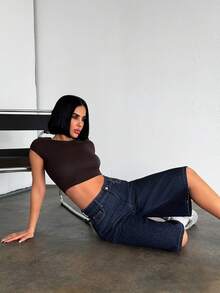 EURMUSE Raw Washed, High Rise, Baggy V Shape Denim Short Jeans Y2k - Dark Wash - View 5