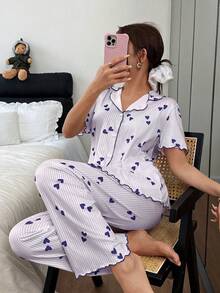Dream Adore Bộ đồ ngủ thường ngày lãng mạn in hình trái tim kẻ sọc - Màu xanh lam - Xem 6