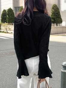 FRIFUL 女士圆领蕾丝面料修身喇叭袖纯色休闲T恤 - 黑色 - 查看 3