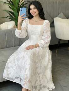 SHEIN Teen Girls' Chiffon Textured Sheer Mesh Puff Sleeve A-Line Elegant Dress, Spring/Summer - White - View 2