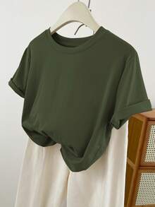 Plus Size Women's Plain Crew Neck Short Sleeve T-Shirt, Summer - Army Green - View 1