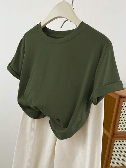 夏季大码女式纯色圆领短袖T恤