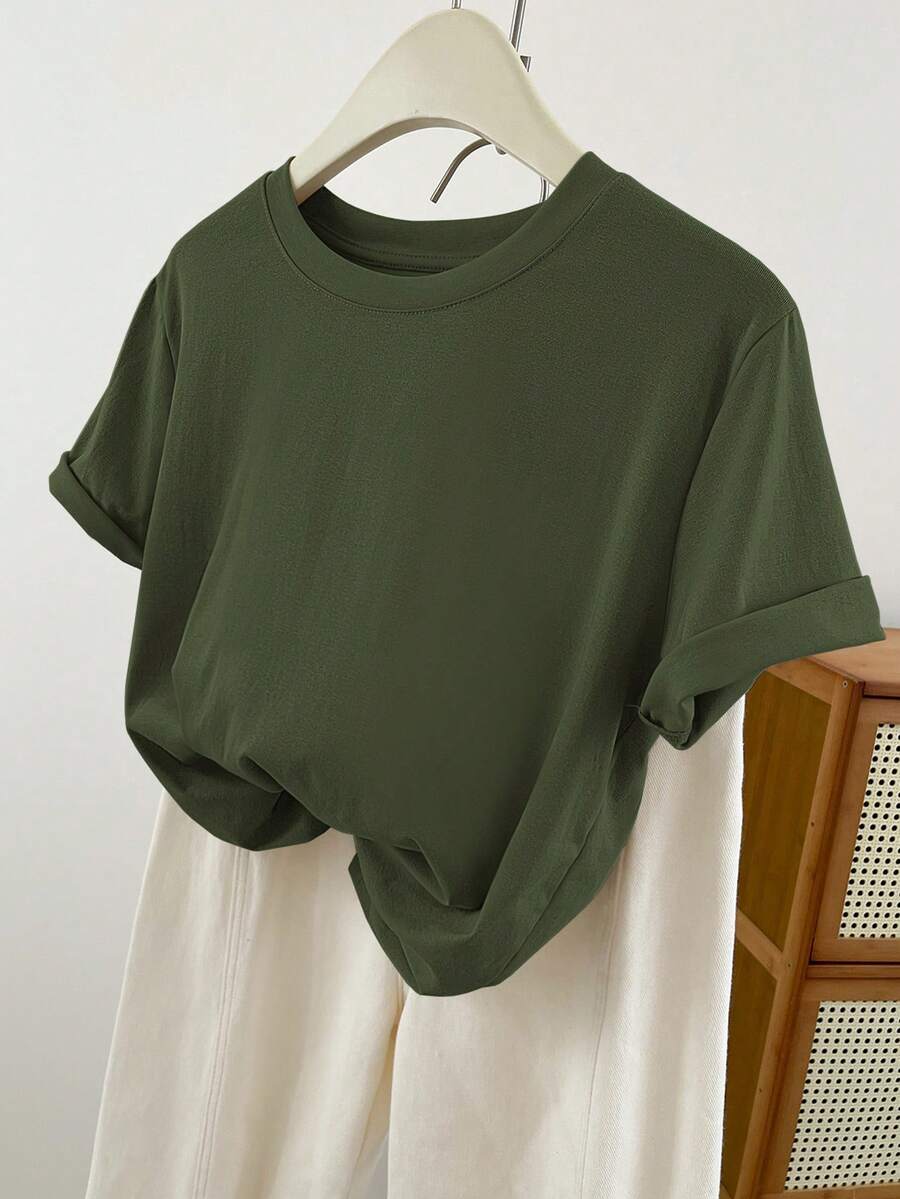 Plus Size Women's Plain Crew Neck Short Sleeve T-Shirt, Summer - Army Green - View 1